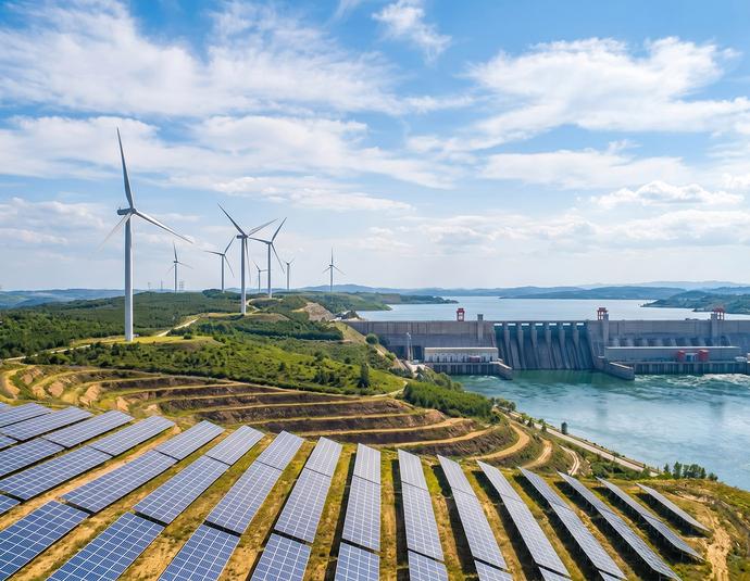 Montage mit Darstellung von Solar- und Windkraftanlagen an einem Wasserkraftwerk. Montage im Stil einer Luftaufnahme. Zeigt eine Landschaft mit großflächigen Solarmodulen im Vordergrund, mehreren Windkraftanlagen auf bewaldeten Hügeln und einem Wasserkraftwerk mit Staudamm und Stausee im Hintergrund.