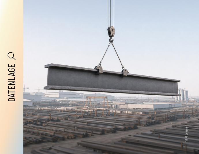 Stahlträger am Kran, im Hintergrund Industrieglände. Ein großer Stahlträger hängt an zwei Hebeklemmen eines Krans, im Hintergrund sind Industriegelände zu sehen.